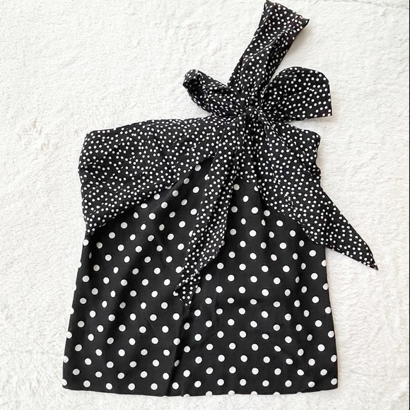 J.Crew | Silk Black & White Mixed Dot Print One Shoulder Bow Detail Top *NWT* - Picture 3 of 11